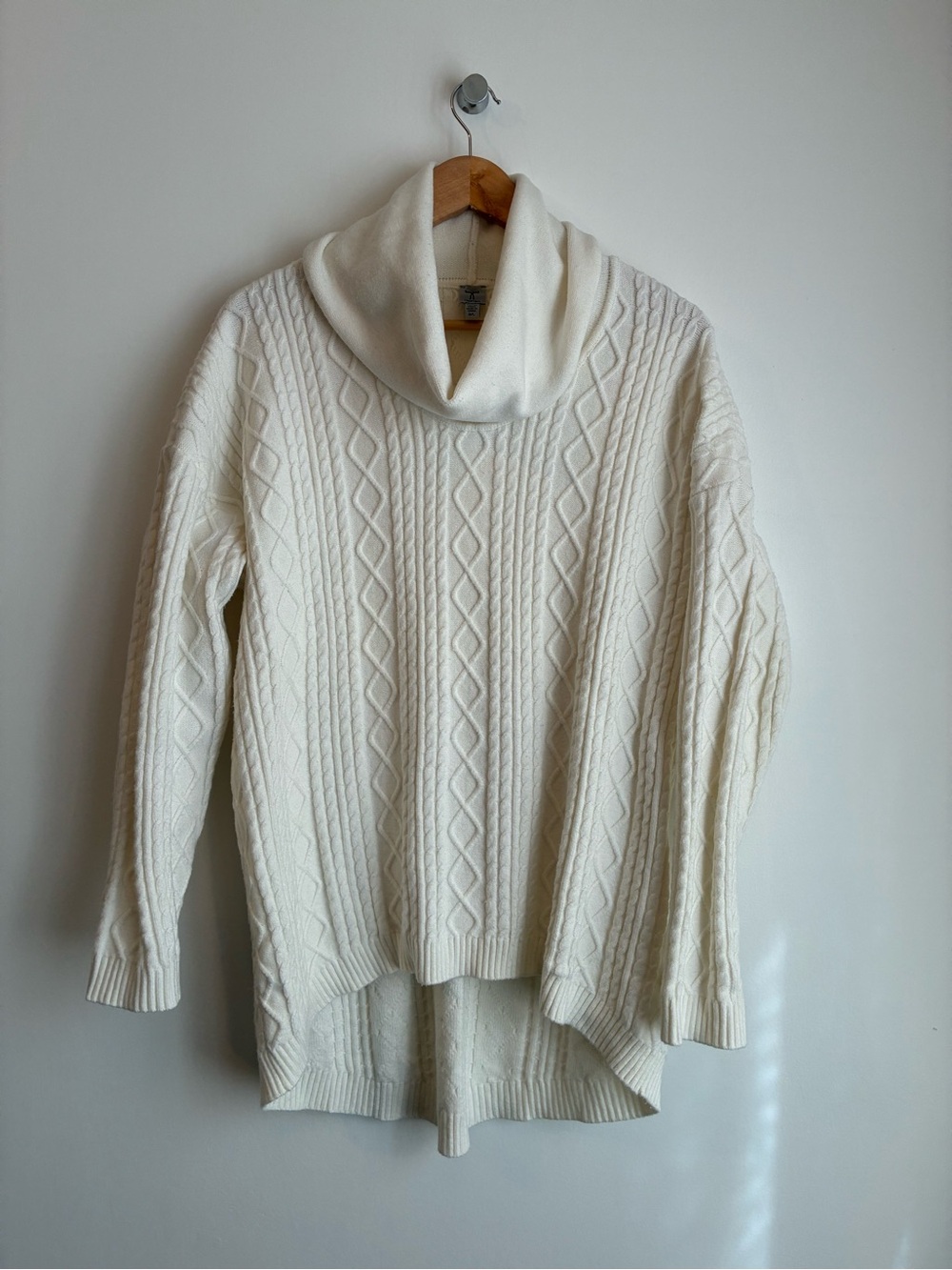Tristan Cream Cable Knit High Low Cowl Neck Sweater